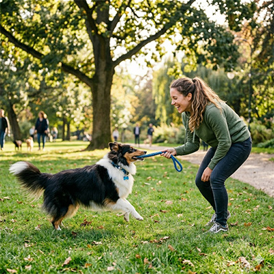sheltieAndLadyPlaying
